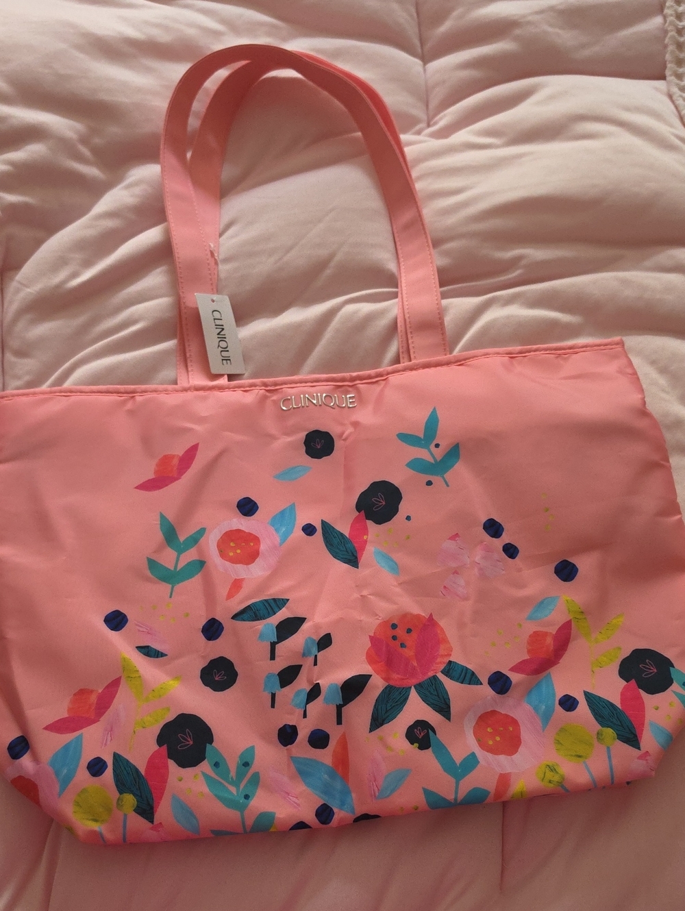 Clinique Coral Pink Floral Print Tote